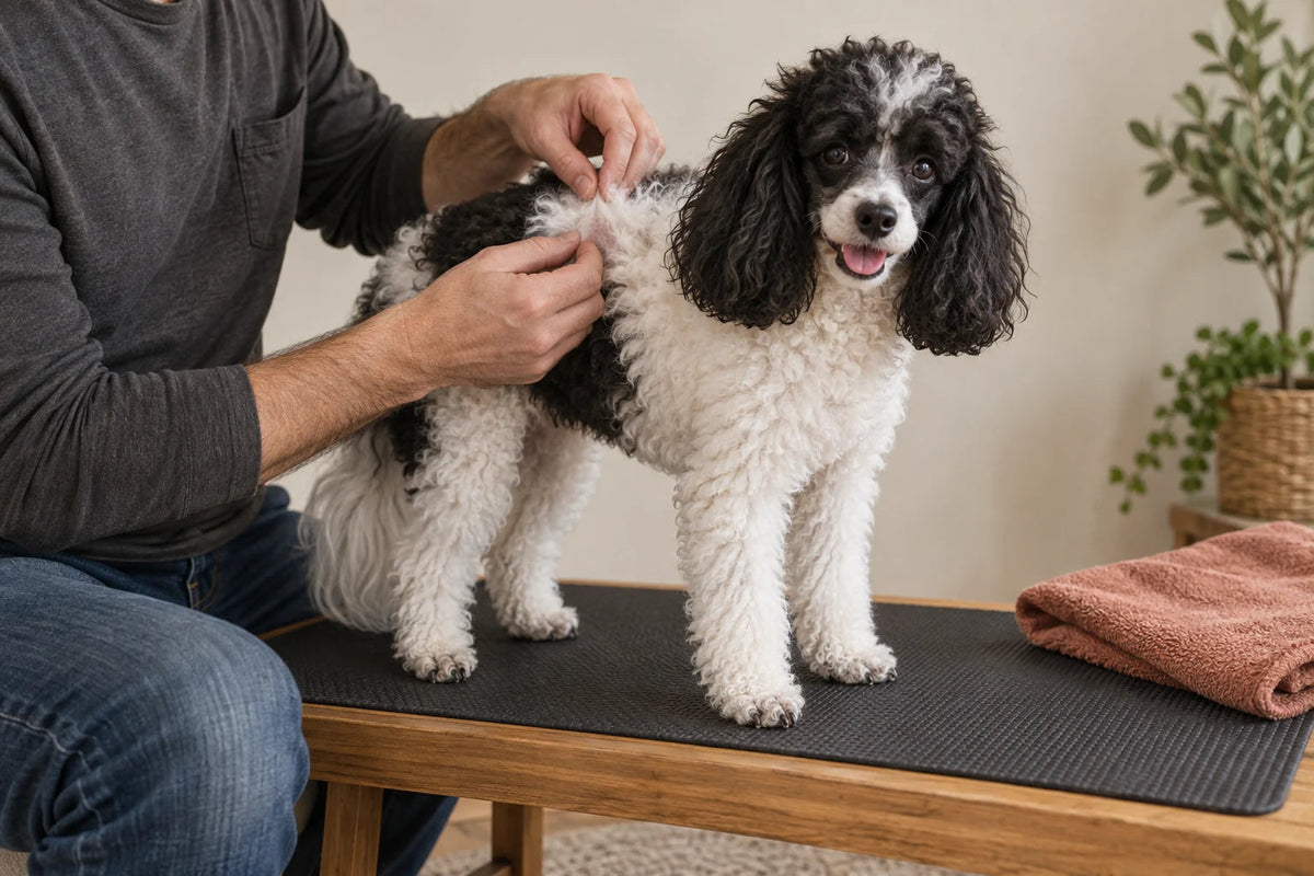 A pet owner gently checking a black-and-white dog’s coat before resuming grooming
