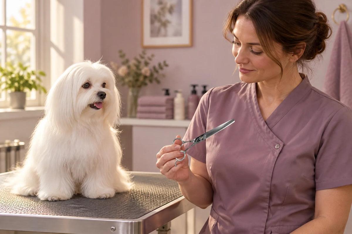 Professional groomer inspecting VUNRO thinning scissors away from a calm Maltese in a softly lit salon