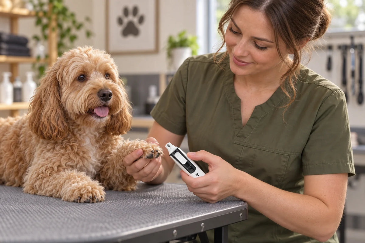 Groomer gently supporting a relaxed Cockapoo's front paw while preparing the compact VUNRO nail grinder