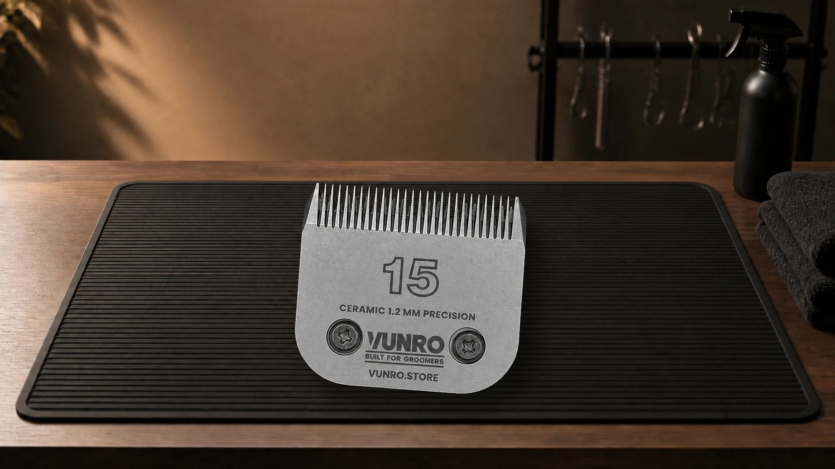 #15 Ceramic Dog Clipper Blade (1.2 mm) resting naturally on the VUNRO grooming workbench