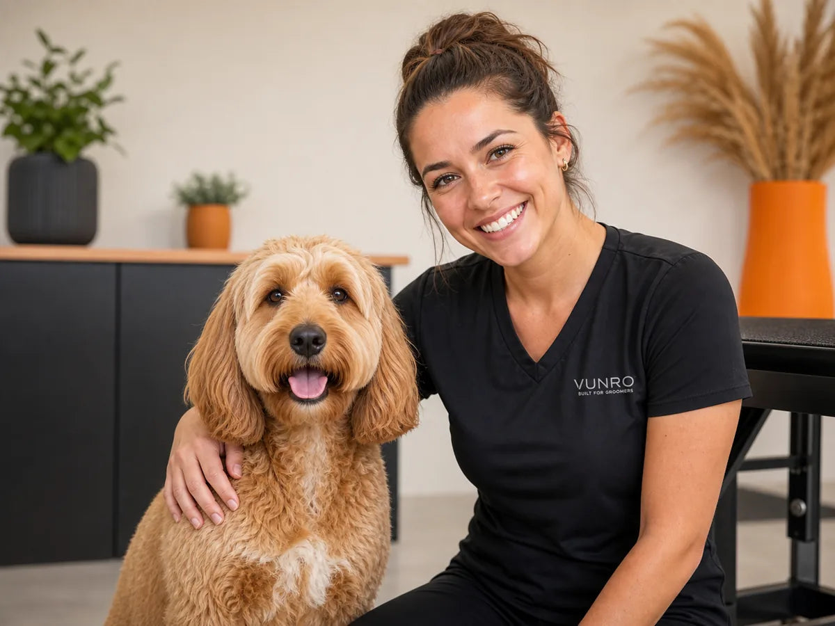 VUNRO grooming advisor with a relaxed dog
